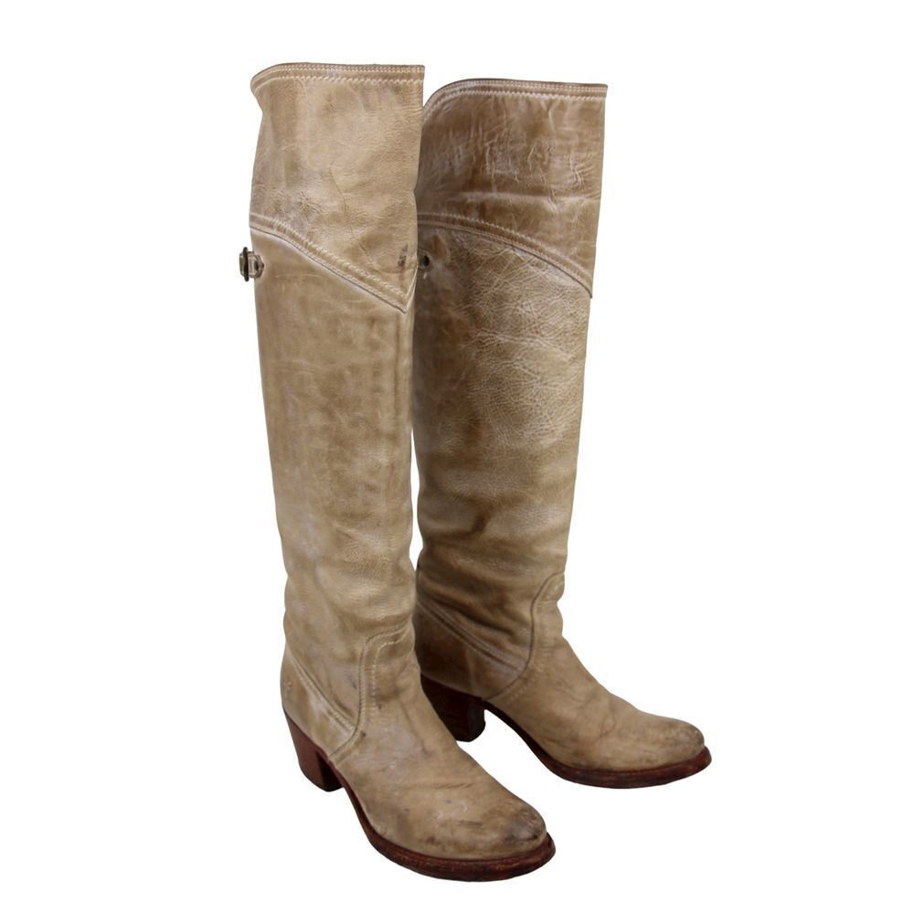 VINTAGE FRYE MADE IN MEXICO BEIGE GENUINE LEATHER MEDIUM HEEL BOOTS 6 1/2 B